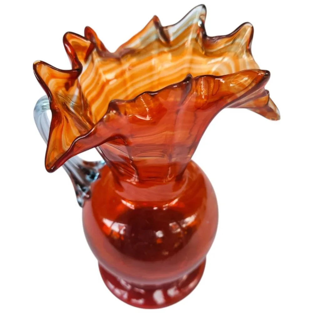 Vintage Fenton Orange Swirl Ruffled Fluted Pitcher Vase 7” x 3” Blue Tint Handle
